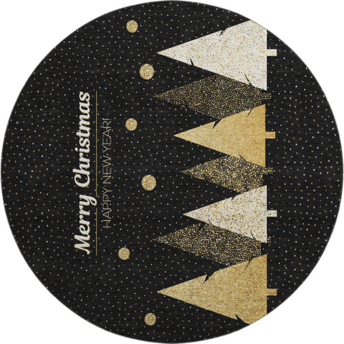 8' Black Gold And Ivory Christmas Tree Washable Round Rug With UV Protection - 880024901749