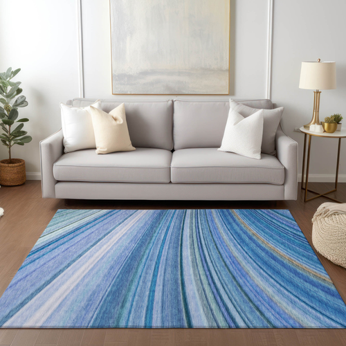 10' X 14' Denim Blue And Sky Blue Abstract Washable Indoor Outdoor Area Rug