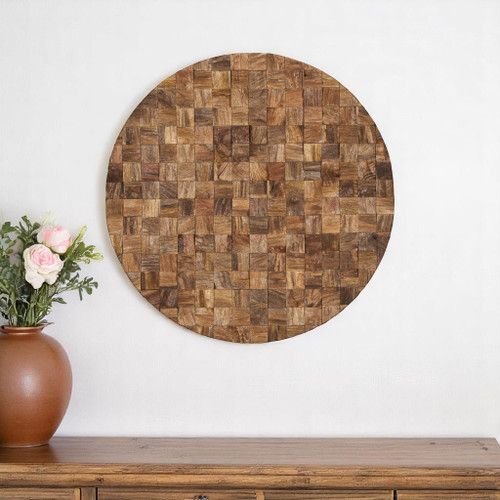 Into the Abyss II 32" X 32" Brown Geometric Wood Circle Hanging Dimensional Sculpture - 880016693409