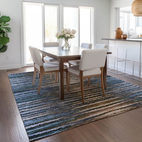 9' X 12' Blue Brown And Sky Blue Striped Washable Indoor Outdoor Area Rug - 608219293222