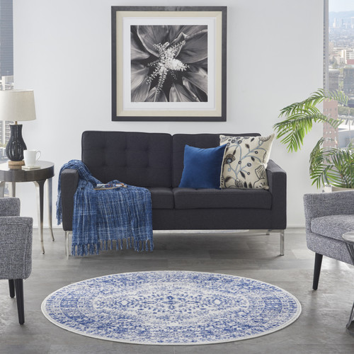 5' Ivory and Navy Blue Geometric Distressed Round Rug - 608219055578