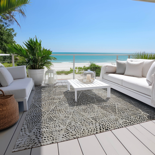 10' X 14' Gray Beige And Black Geometric Washable Indoor Outdoor Area Rug