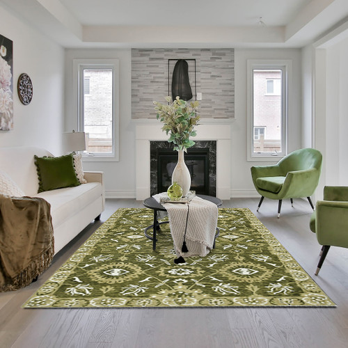 9' X 13' Olive Green Ivory And Light Brown Wool Floral Medallion Hand Hooked Area Rug - 880016394153
