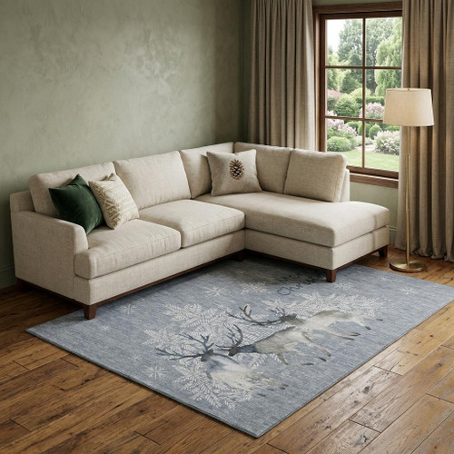 9' X 12' Gray Ivory And Blue Christmas Deer Washable Area Rug With UV Protection - 880024709062
