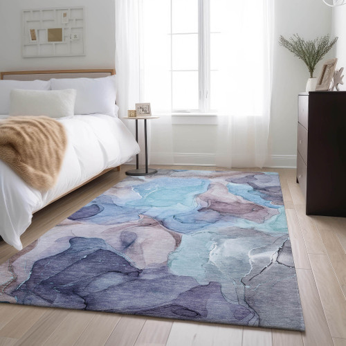 8' X 10' Navy Blue Purple And Gray Abstract Washable Area Rug With UV Protection - 880024663876