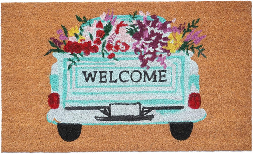 17" X 29" Brown Aqua And Red Floral Welcome Outdoor Coir Door Mat - 880024518688
