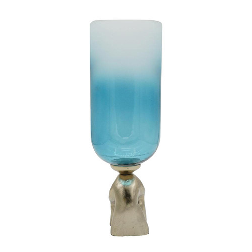 18" Blue White And Gold Ombre Glass And Aluminum Pedestal Table Vase - 880016738391