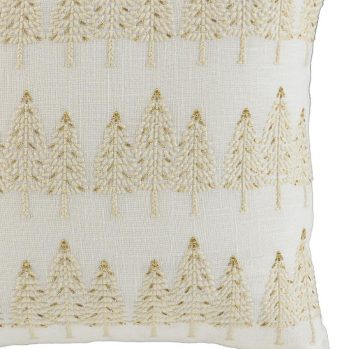 18" Ivory And Gold Cotton Christmas Trees Throw Pillow With Embroidery - 880024831688