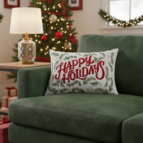 14" X 20" Ivory Red And Green Cotton Happy Holidays Throw Pillow With Embroidery - 880024576398