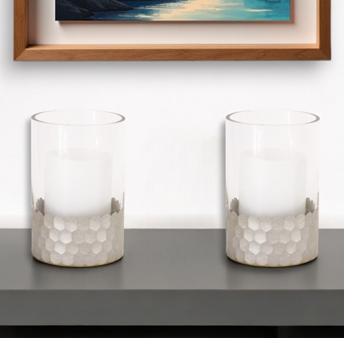 Set of Two Clear and Silver Glass Geometric Tabletop Pillar Candle Holders - 608219180249