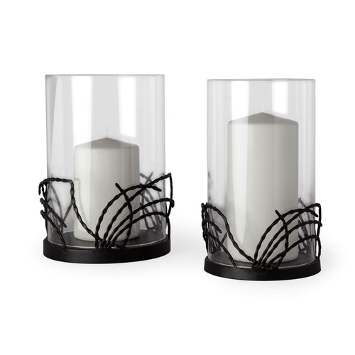 Set of Two Black Botanical Leaf Glass And Metal Tabletop Hurricane Candle Holders - 880024798486