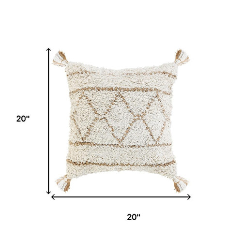 20" Ivory And Beige Geometric Cotton Blend Throw Pillow Cover with Tassels - 880016561005