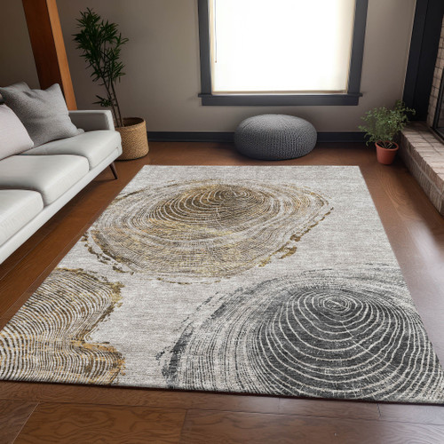 5' X 8' Taupe Brown And Ivory Faux Bois Washable Area Rug With UV Protection - 880024765990