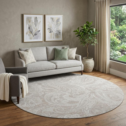 8' Taupe And Ivory Paisley Washable Round Rug With UV Protection - 880024711881