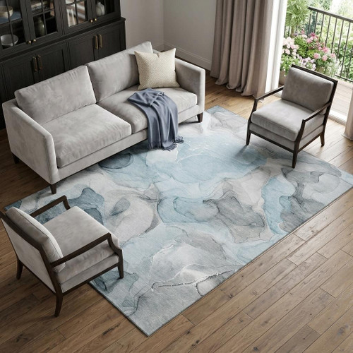 8' X 10' Teal And Gray Abstract Washable Area Rug With UV Protection - 880024631257