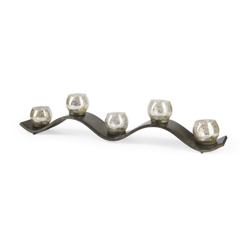 7" Silver Distressed Abstract Metal And Glass Tabletop Hurricane Candle Holder - 880016564280