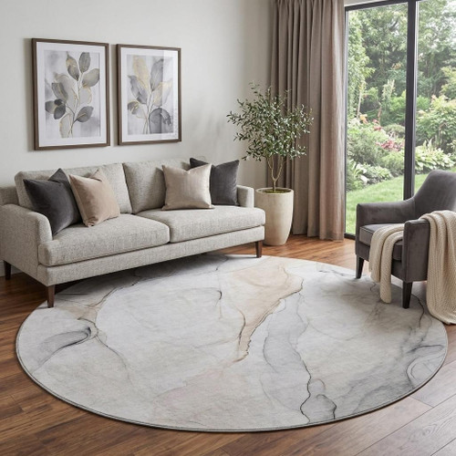 8' Ivory And Beige Abstract Washable Round Rug With UV Protection - 880016640748