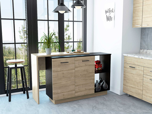 Black and Light Oak Contemporary Kitchen Island with Bar Table - 606114597001
