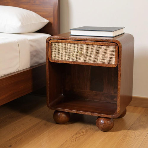 Solid Wood Cane Rattan One Drawer Nightstand - 880016471373