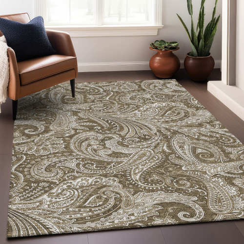 5' X 8' Chocolate And Ivory Paisley Washable Area Rug With UV Protection - 880024868028