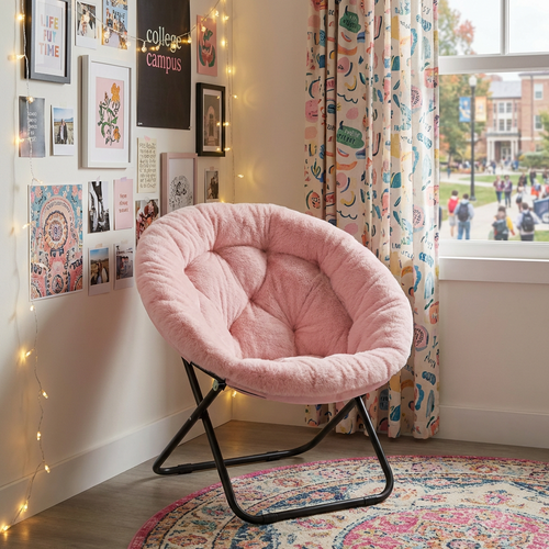 33" Pink Tufted Faux Fur and Metal Folding Lounge Chair - 880024914701