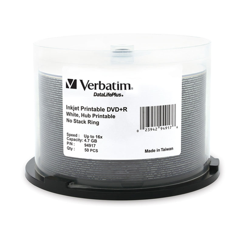 Verbatim DVD+R, 94917, 4.7GB, 16X, DataLifePlus White Inkjet, 50PK Spindle, TAA - 023942949176