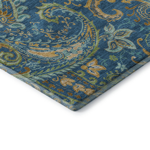 8' X 10' Navy Blue Green And Gold Paisley Distressed Washable Area Rug With UV Protection - 880016859140