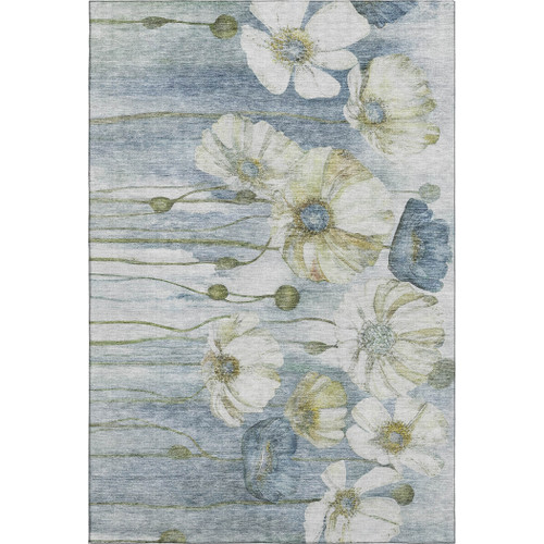 5' X 8' Blue Ivory And Gold Floral Washable Area Rug With UV Protection - 880024748283
