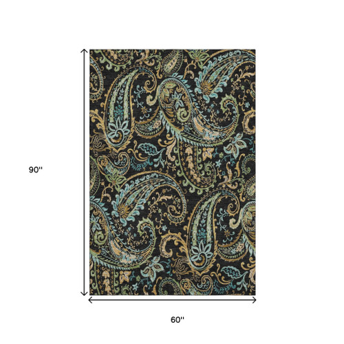 5' X 8' Black Blue And Green Paisley Washable Area Rug With UV Protection - 880024929293