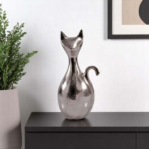 11" Silver Aluminum Cat Tabletop Sculpture - 880016701616