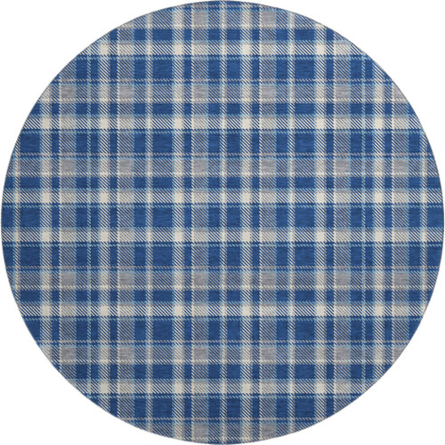 8' Navy Blue And Ivory Plaid Washable Round Rug With UV Protection - 880016629606