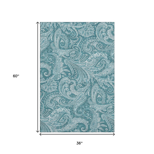 3' X 5' Turquoise And Ivory Paisley Washable Area Rug With UV Protection - 880024642970