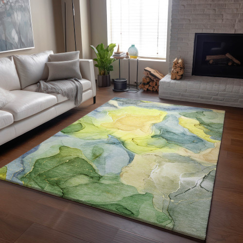 9' X 12' Yellow Blue And Beige Abstract Washable Area Rug With UV Protection - 880024991696