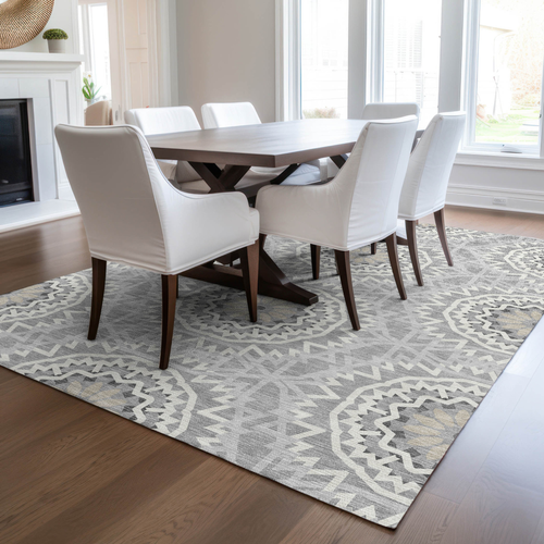 8' X 10' Gray Silver And Ivory Floral Medallion Washable Indoor Outdoor Area Rug - 608219299002