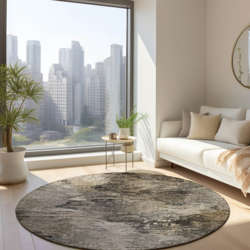 8' Taupe Beige And Brown Round Abstract Washable Indoor Outdoor Area Rug - 608219143121