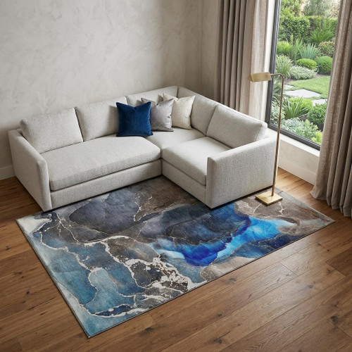 10' X 14' Navy Blue And Charcoal Abstract Washable Area Rug With UV Protection - 880016820478