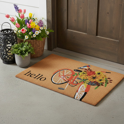 17" X 29" Brown And Orange Bicycle Floral Hello Outdoor Coir Door Mat - 880024553016