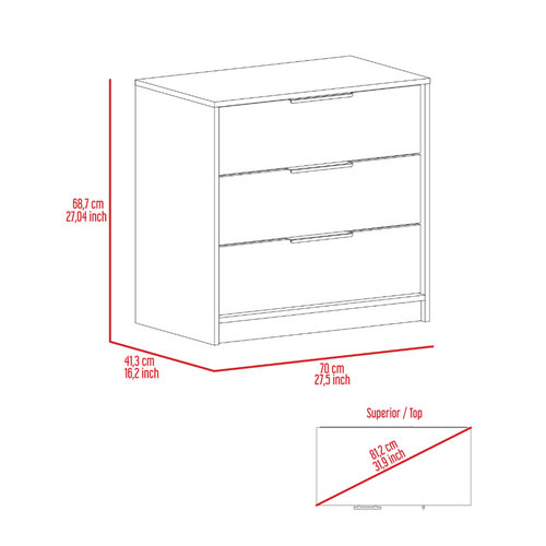 Kaia 3 Drawers Dresser, Superior Top