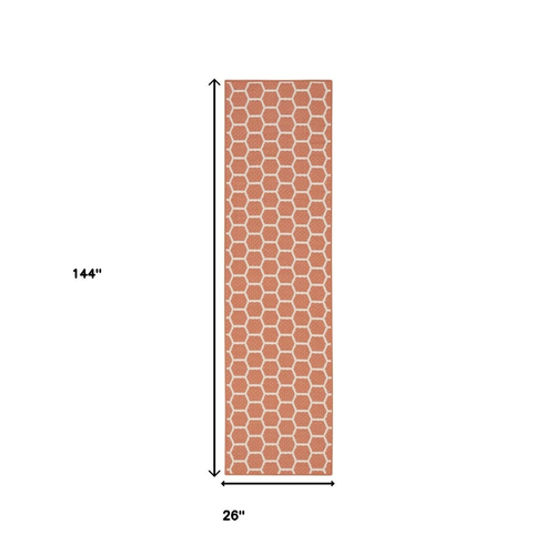 12' Coral And Ivory Geometric Indoor Outdoor Runner Rug - 880016635010