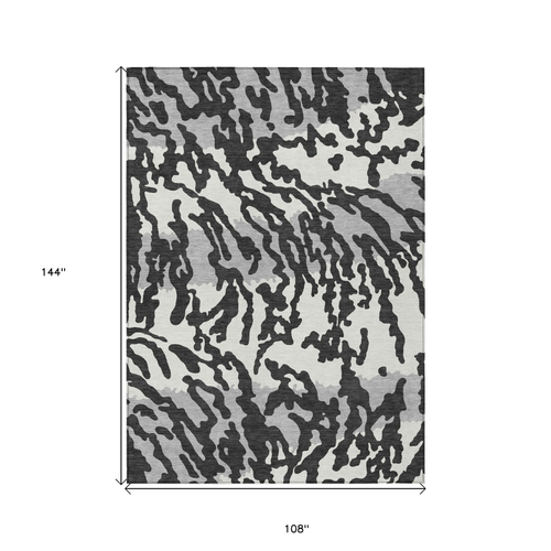 9' X 12' Black Gray And Ivory Animal Print Washable Indoor Outdoor Area Rug - 606114940142