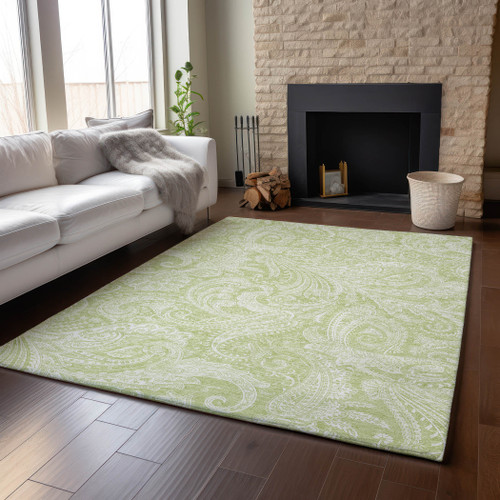 10' X 14' Artichoke Green And Ivory Paisley Washable Area Rug With UV Protection - 880016864724