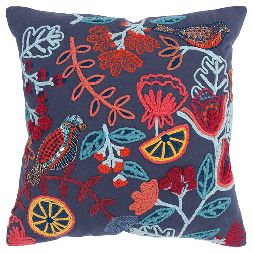 Homeroots Dark Blue Jacobean Bloom Embroidered Throw Pillow, Dark Blue, 20 x 20 Inches