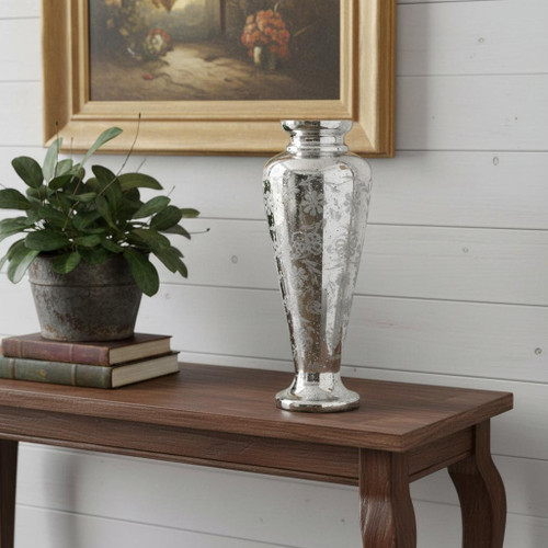 20" Antiqued Silver Etched Floral Glass Round Table Vase - 880016563160