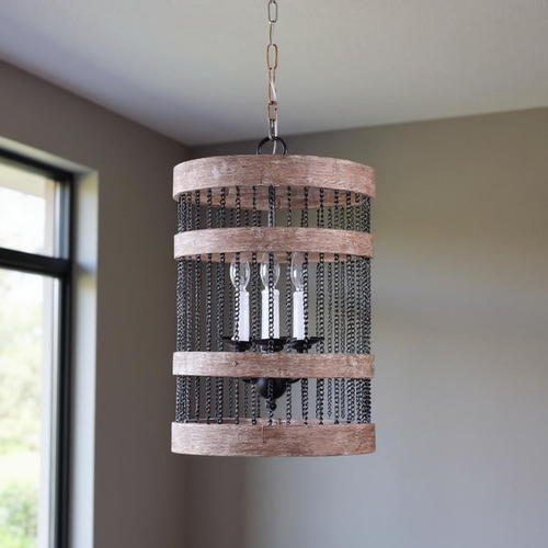 Wood and Metal Cylinder Three Light Dimmable Chandelier - 880016879094