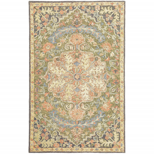4' X 6' Blue Green Clay And Gold Oriental Tufted Handmade Stain Resistant Area Rug - 606114587217