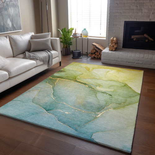 10' X 14' Green And Ivory Abstract Washable Area Rug With UV Protection - 880024581859