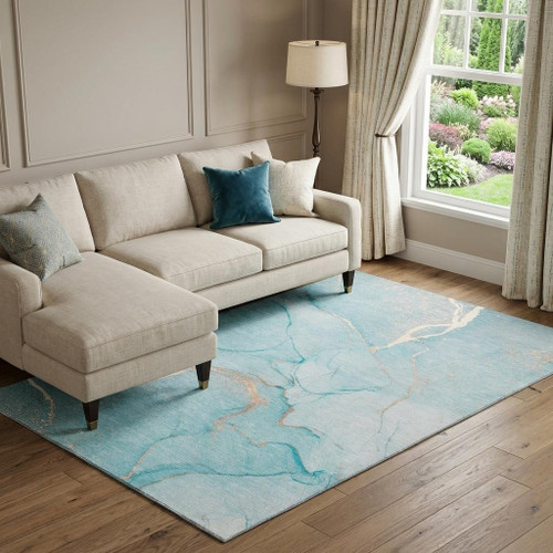 10' X 14' Teal And Ivory Abstract Washable Area Rug With UV Protection - 880024799049