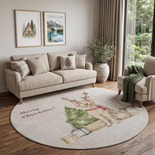 8' Taupe Green And Gray Christmas Dog Washable Round Rug With UV Protection - 880024633992