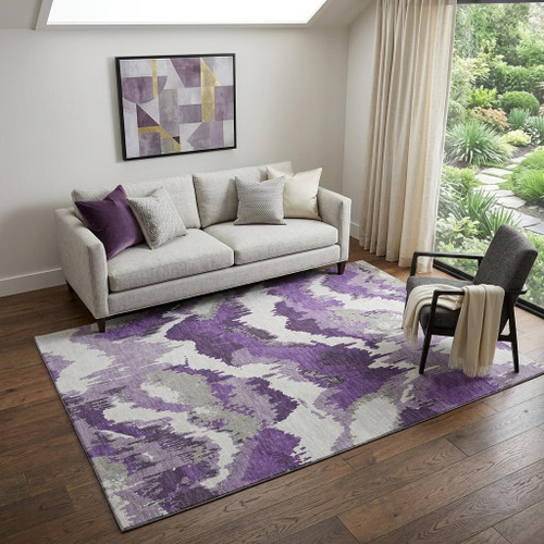 5' X 8' Purple Ivory And Gray Abstract Washable Area Rug With UV Protection - 880016579611