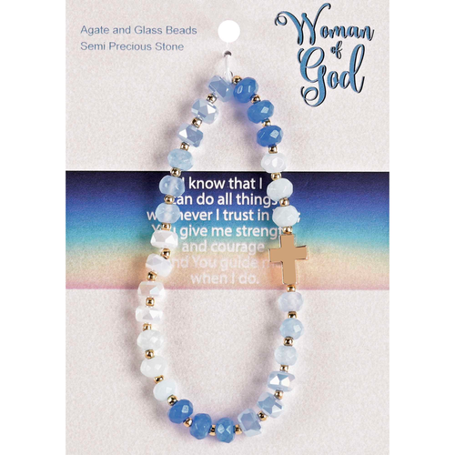 Stretch Bracelet Blue Gemstones W/Cross - 603799687508